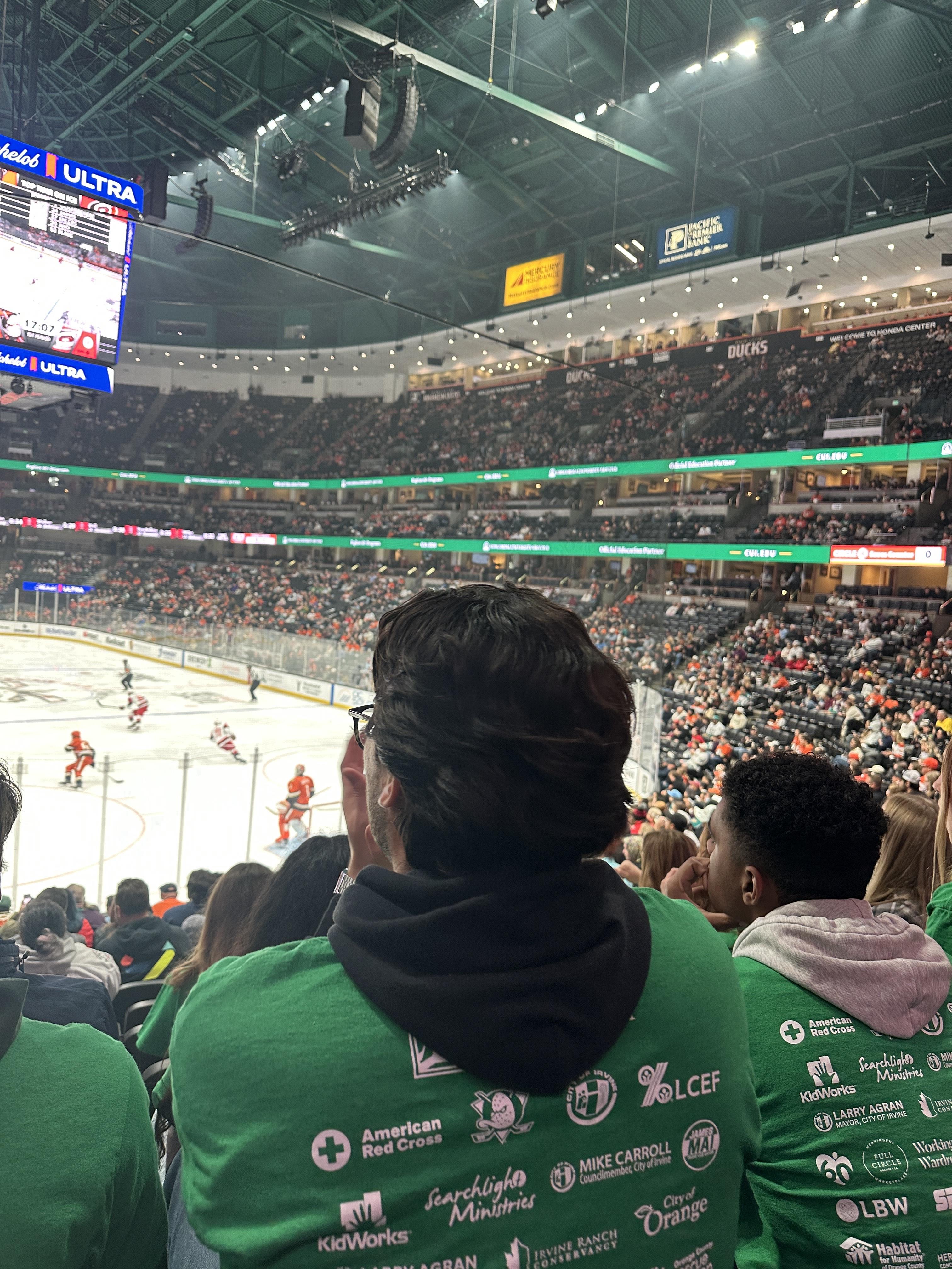 Students taking in the Ducks game from the Concordia student section.